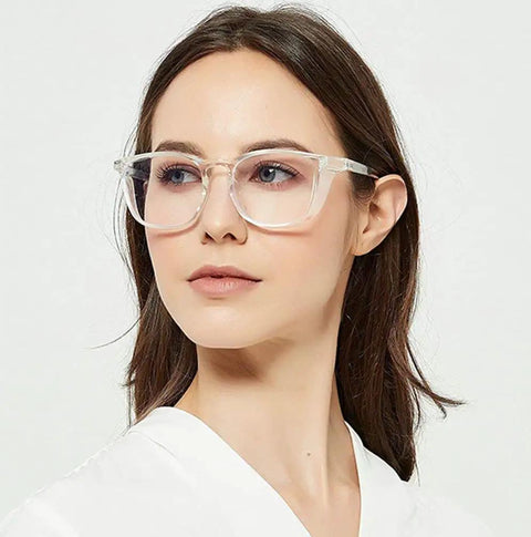 Person wearing clear frame of Two Pack Anti Fog Safety Glasses With UV 400 Protection Blue Light Blocking Anti Dust Shield