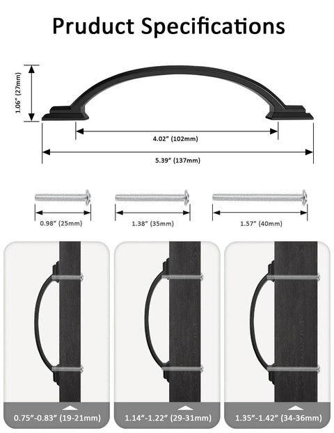 Dimensions and specifications for 15 Pack 4 Inch Black Arch Cabinet Pulls Matte Black Zinc Alloy Drawer Handles for kitchen and bathroom.