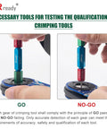 Testing tools for crimping tools showing the GO and NO-GO gauges for quality assurance and performance evaluation.