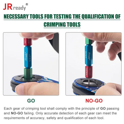 Testing tools for crimping tools showing the GO and NO-GO gauges for quality assurance and performance evaluation.