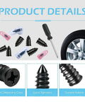 Close-up of 60 Piece Tire Repair Kit with Rubber Nails, Screw Plugs, Screwdriver, and tire, showing product details.