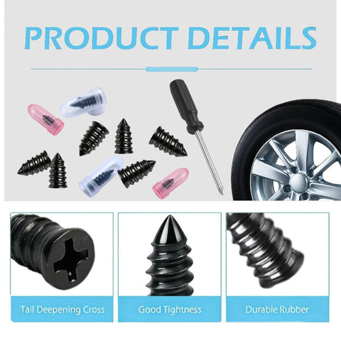 Close-up of 60 Piece Tire Repair Kit with Rubber Nails, Screw Plugs, Screwdriver, and tire, showing product details.