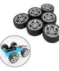 12 Piece RC Car Wheel Set With Rubber Tires And 3Mm Shafts for DIY models, showing six rubber tires and a mini model car setup.