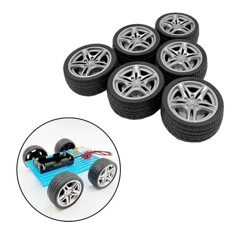 12 Piece RC Car Wheel Set With Rubber Tires And 3Mm Shafts for DIY models, showing six rubber tires and a mini model car setup.