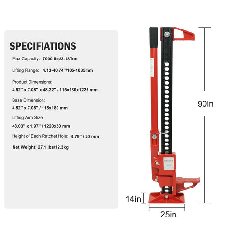 Heavy Duty Farm Jack 7000 Lb Capacity 48 Inch Ratcheting Utility Jack specifications sheet with 90-inch red jack angle view