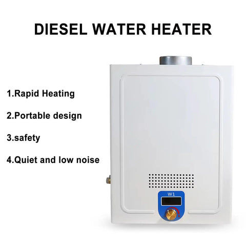 Overland Crew Approved Diesel Tankless Water Heater With LED Digital Display And Constant Temp Controls For RV Camper Outdoors, front view with digital dial.