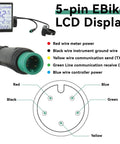 Universal LCD Display Panel For Electric Bicycles And Scooters, Supports 24V 36V 48V And 60V Systems, Waterproof 5 Pin Meter diagram