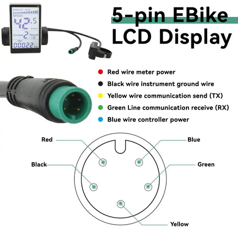 Universal LCD Display Panel For Electric Bicycles And Scooters, Supports 24V 36V 48V And 60V Systems, Waterproof 5 Pin Meter diagram