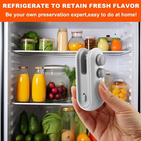 Hand holding 2 In 1 Chip Bag Heat Sealer With USB Rechargeable Vacuum Function in front of a stocked refrigerator