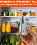 Hand holding 2 In 1 Mini Bag Sealer With Cutter And Magnetic Resealer, Rechargeable Heat Seal in front of stocked refrigerator