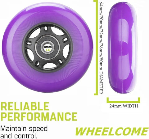 Pro Grade Inline Skate Wheels With ABEC-9 Bearings And Floating Spacers For Roller Hockey Skates, 85A Indoor Outdoor, 64mm 70mm 72mm 76mm 80mm Diameters, Purple 4-Pack Including 72mm Option, purple wheel with dimensions