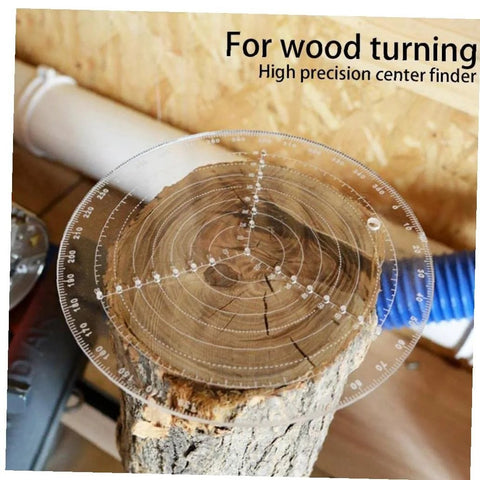 Woodturning center finder, transparent acrylic circular ruler with measurement scales for centering wood on a lathe.