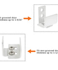 Adjustable Wall Mounted Barn Door Guide For Grooved And Non Grooved Doors Easy To Install Includes Floor Guide And Screws Silent Sliding On Wood Doors One To One And A Half Inch Width Durable Construction For Smooth Glide And Quiet Operation showing fit for grooved and non-grooved doors.