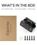 50 Pack Self Closing Cabinet Hinges Semi Overlay Half Inch Matte Black, box with hinge, bumpers, and screws displayed