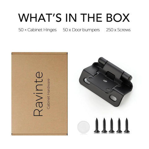 50 Pack Self Closing Cabinet Hinges Semi Overlay Half Inch Matte Black, box with hinge, bumpers, and screws displayed