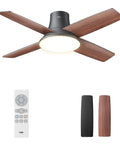 44 Inch Low Profile Ceiling Fan With Led Light And Remote Six Speed Reversible Timer Whisper Quiet Bedroom Flush Mount Lighting Fixture in black and wood finish.