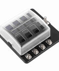 8 Way Waterproof Fuse Block With LED Indicators For Car Boat And Marine Use Sealed Screw Nut Terminals Built Tough Weatherproof Electrical Distribution Box For Outdoor And Marine Applications, showing top view of fuse slots and terminals.