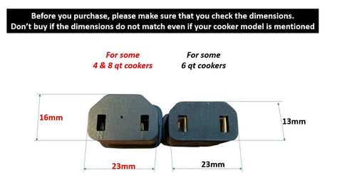 Comparison of 4 & 8 qt vs 6 qt cooker power cord plugs with dimensions for Replacement Power Cord For 6 Quart Express Crock Multicooker SCCPPC600 V1 Not All Models UL Listed 2 Prong 2 Pin 3 Feet Long Durable Replacement Cable For Home Kitchen Use