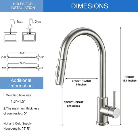 Modern Stainless Steel Kitchen Faucet With Pull Down Sprayer, Single Handle Brushed Nickel Deck Plate dimensions and specs