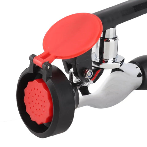 Close-up of 304 Stainless Steel Emergency Eye Wash Unit Tabletop Eyewasher With Forged Diverting Valve showing red cap