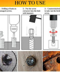 Instructional image showing steps to use Heavy Duty 10 Piece Screw Extractor Set With Hex Head Easy Out Bolts Extractor Kit.