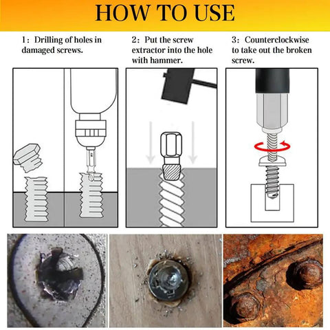 Instructional image showing steps to use Heavy Duty 10 Piece Screw Extractor Set With Hex Head Easy Out Bolts Extractor Kit.