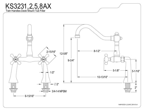 Technical drawing of Old School Clawfoot Tub Filler Deck Mount High Arc Spout Solid Brass Ceramic Disc Cartridge polished chrome.