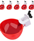 Beefed Up Automatic Chicken Waterer Cups Six Pack Large Poultry Drinkers With Tee Fittings, red water cup with mounting, no drip solution.