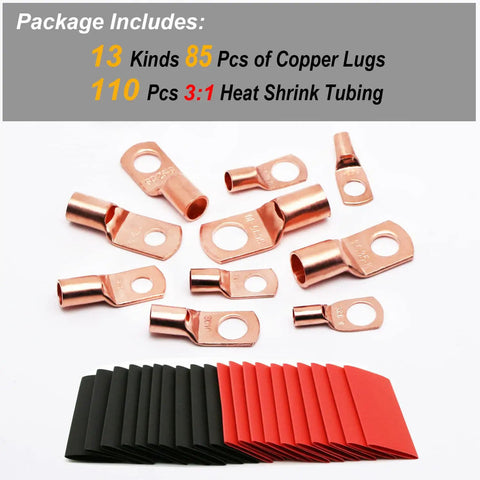 Copper Wire Lugs And Battery Cable Ends Kit With Heat Shrink Tubing AWG 2 To 12 195Pcs Lugs Plus 85Pcs Battery Terminals