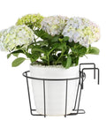 Front view of Three Pack 10 Inch Railing Planters For Balcony Or Porch Hanging Baskets Outdoor Indoor Flower Pot Holders Fits Up To Nine And A Half Inch Pots And Two And Three Quarter Inch Rail No Fuss Easy Hang Metal Fence Planters with white pot and flowers.