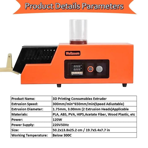Built Tough Commercial 3D Printer Filament Extruder With Adjustable Speed And Dual Extrusion Dies, orange color, front view with controls.