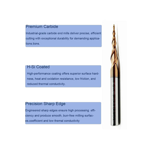 Tapered Ball Nose End Mill 1/4 Inch Shank, 3 Inch Overall Length, 0.5mm Ball Radius R0.5, featuring TiAIN coating and HRC55 hardness