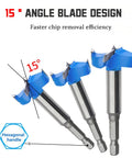 Premium Tungsten Carbide Forstner Drill Bit Set With Quick Fit Hex Shank For Dang Precise Woodworking And Plywood Drilling Up To One Inch Three Eighths Hella Tough Five Piece Shop Kit showing 15° angle blade design for improved chip removal.