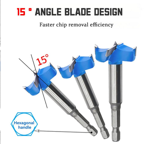 Premium Tungsten Carbide Forstner Drill Bit Set With Quick Fit Hex Shank For Dang Precise Woodworking And Plywood Drilling Up To One Inch Three Eighths Hella Tough Five Piece Shop Kit showing 15° angle blade design for improved chip removal.