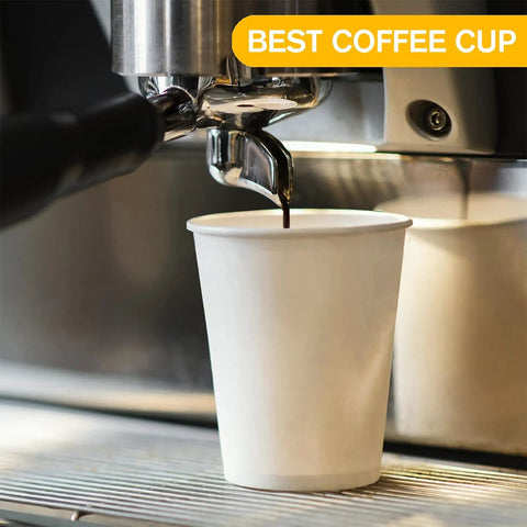 White Disposable Paper Coffee Cups With Lids 24 Oz 50 Count For Hot Beverages Tea Espresso Cocoa To Go Drink Containers shown with coffee machine