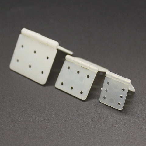 Three sizes of nylon hinges for RC airplanes skrnrhrery, showing square loose leaf design for aileron rudder and elevator surfaces.