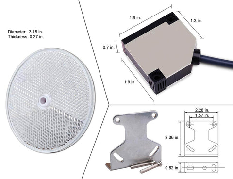 Dimensions of Invisible Retro Reflective Photoelectric Beam Sensor with 6 ft cable for garage doors and gates.