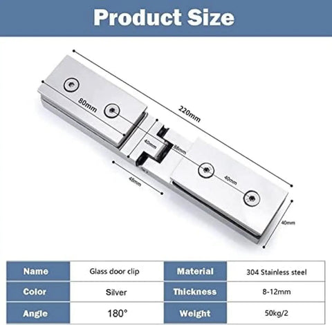 Durable 2 Pack 304 Stainless Steel Shower Door Hinges For 8-12mm Glass, Bright Silver 180° Pivot Clip with dimensions