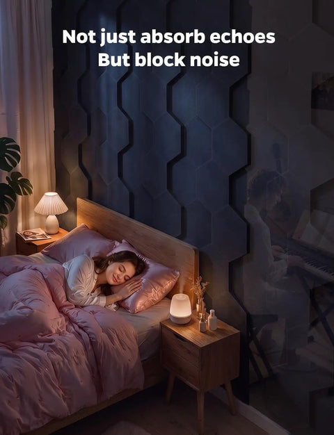Professional Grade MLV Backed Dual Thickness Sound Proof Foam Panels Hexagon Acoustic Wall Tiles in a bedroom.