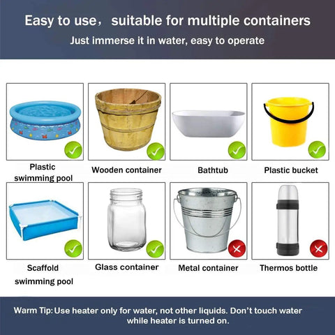 Various containers for Portable Immersion Water Heater 1000W 110V With On Off Switch For Travel Buckets, includes plastic and wooden containers
