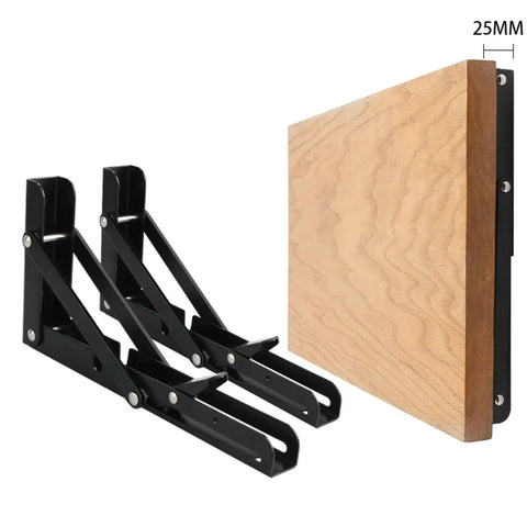 Two Pack Heavy Duty Folding Shelf Brackets Set, Triangle Wall Mounted Billy Brackets, 14 Inch Black, side view with wood panel