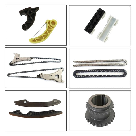 Upgrade Your Ride With A Tough Alloy Timing Chain Kit Made To Fit Mercedes Benz E350 GL450 E400 ML350 GLK350 V6 3.0L And 3.5L Engines For Peak Performance Long Life And Low Maintenance No More Stretching., timing chain kit parts laid out with guides, chains, and sprockets