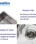 15x17 Inch Stainless Steel Bar Sink Undermount For RV And Wet Bar Use, corner view showing 304 stainless steel and strainer details