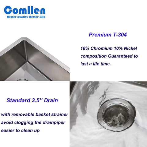 15x17 Inch Stainless Steel Bar Sink Undermount For RV And Wet Bar Use, corner view showing 304 stainless steel and strainer details