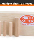 Four wooden dowel pins in different sizes against a wood backdrop, with a HIRTU OTTER label and text 'Multiple Sizes To Choose'.
