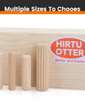 100 Count Solid Wood Dowel Pins Half Inch By Two Inch Kiln Dried Hardwood Fluted Beveled displayed in various sizes on wood.