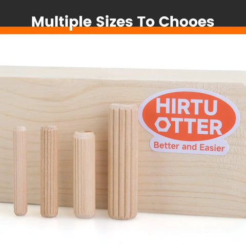 100 Count Solid Wood Dowel Pins Half Inch By Two Inch Kiln Dried Hardwood Fluted Beveled displayed in various sizes on wood.