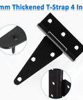 Top Shelf 6 Pack Of 4 Inch T Strap Hinges Straight Up Built Tough Gate Hardware With Included Screws Rock Solid Barn Door And Shed Mounts Rust Proof Black Finish close-up of 2mm thick black hinge.