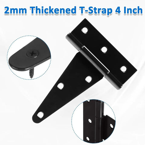 Top Shelf 6 Pack Of 4 Inch T Strap Hinges Straight Up Built Tough Gate Hardware With Included Screws Rock Solid Barn Door And Shed Mounts Rust Proof Black Finish close-up of 2mm thick black hinge.