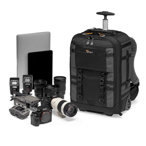 Pro Trekker RLX 450 AW II 28L Camera Roller Backpack with equipment, showing DSLR, lenses, laptop, and tablet, carry-on size.